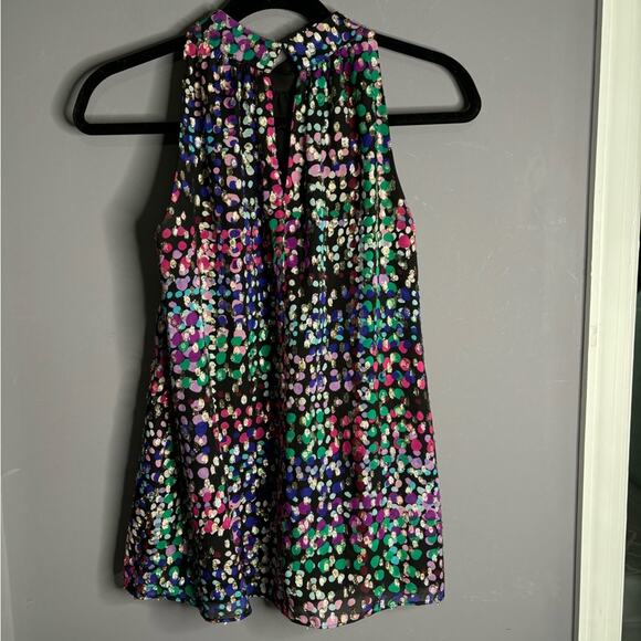 Kate Spade Purple and Green Print Sleeveless Blouse Gold Metallic Detail Size XS - Picture 3 of 7